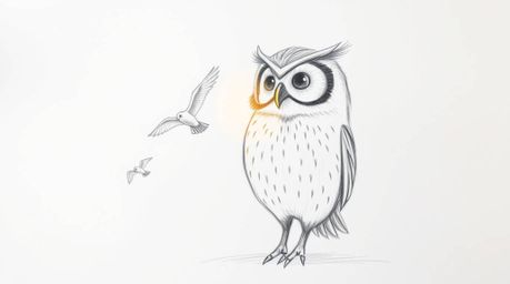 A charming Pixar-style illustration featuring a blind owl with radiant feathers, bathed in a warm sunbeam, compassionately te