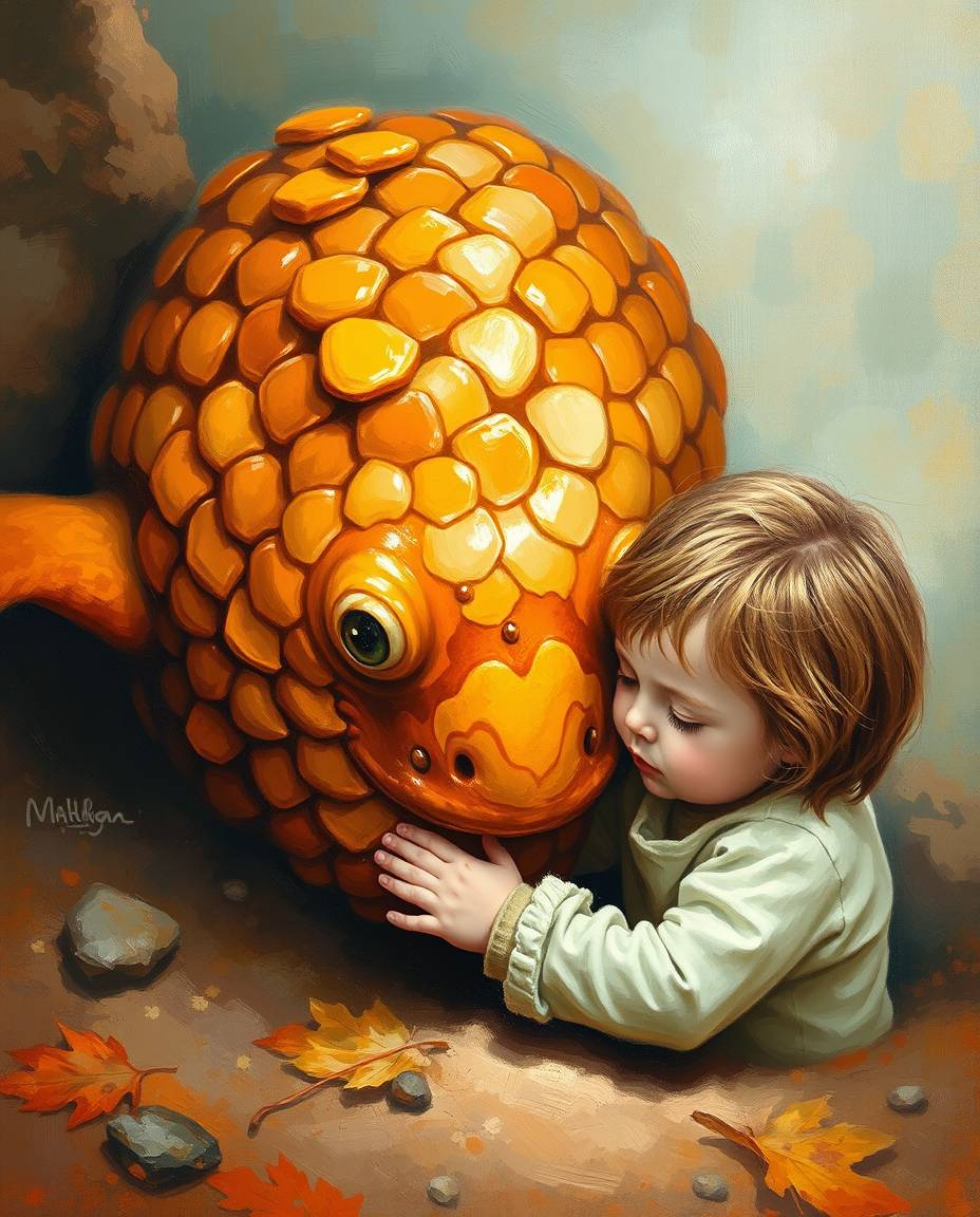 A heartwarming depiction in classic oil painting style, showcasing a whimsical friendship between a sea creature with warm-to