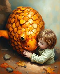 A heartwarming depiction in classic oil painting style, showcasing a whimsical friendship between a sea creature with warm-to