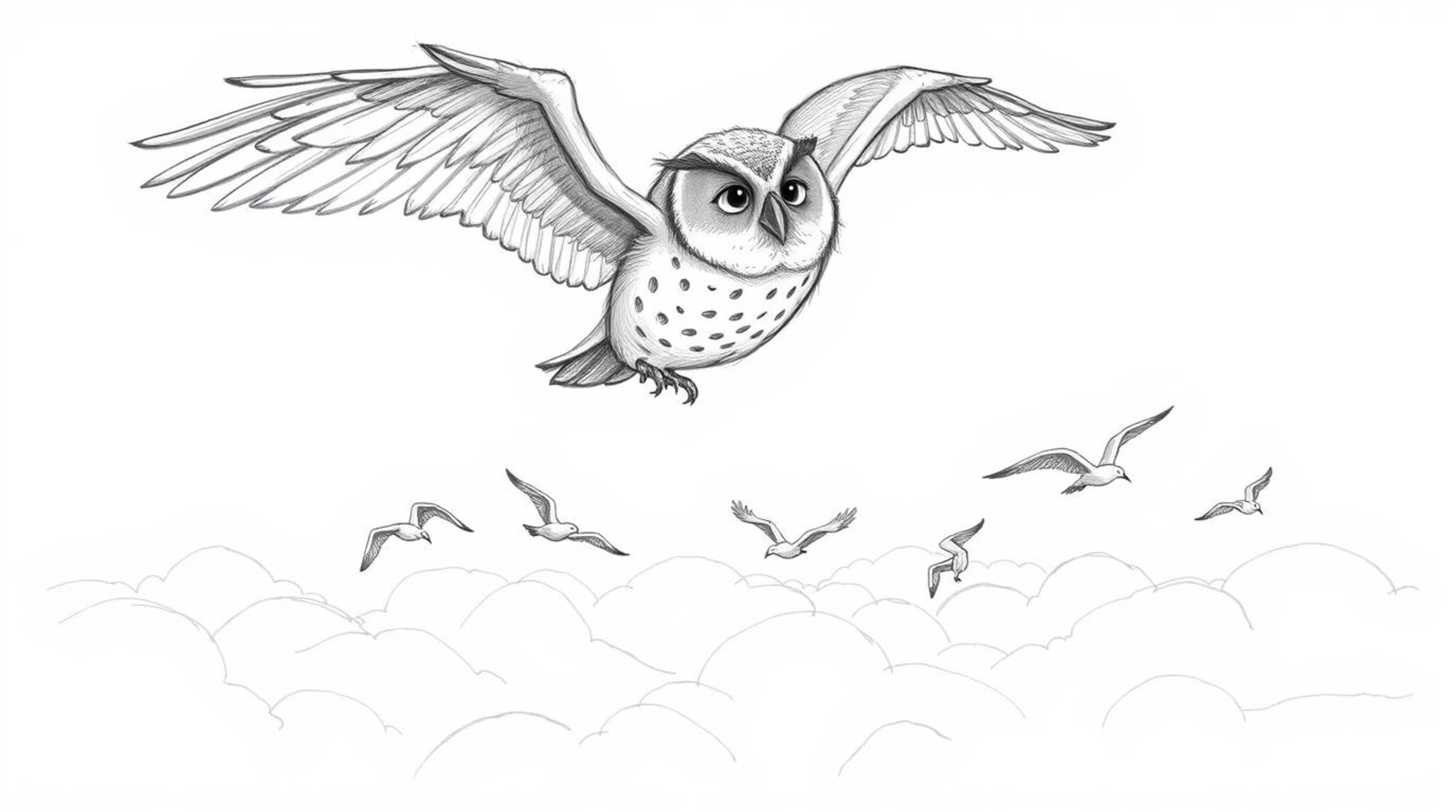 A Pixar-style hand-drawn sketch depicts a blind owl with subtly detailed feathers, guiding several birds in flight above a se