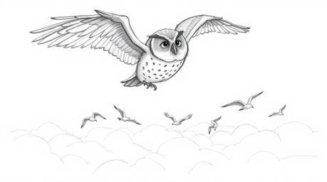 A Pixar-style hand-drawn sketch depicts a blind owl with subtly detailed feathers, guiding several birds in flight above a se