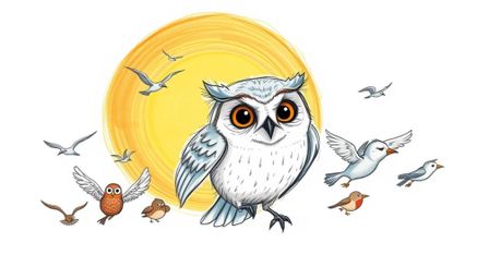 A charming hand-drawn sketch in the style of Pixar depicts a wise, blind owl with soft, feathery textures leading a diverse c