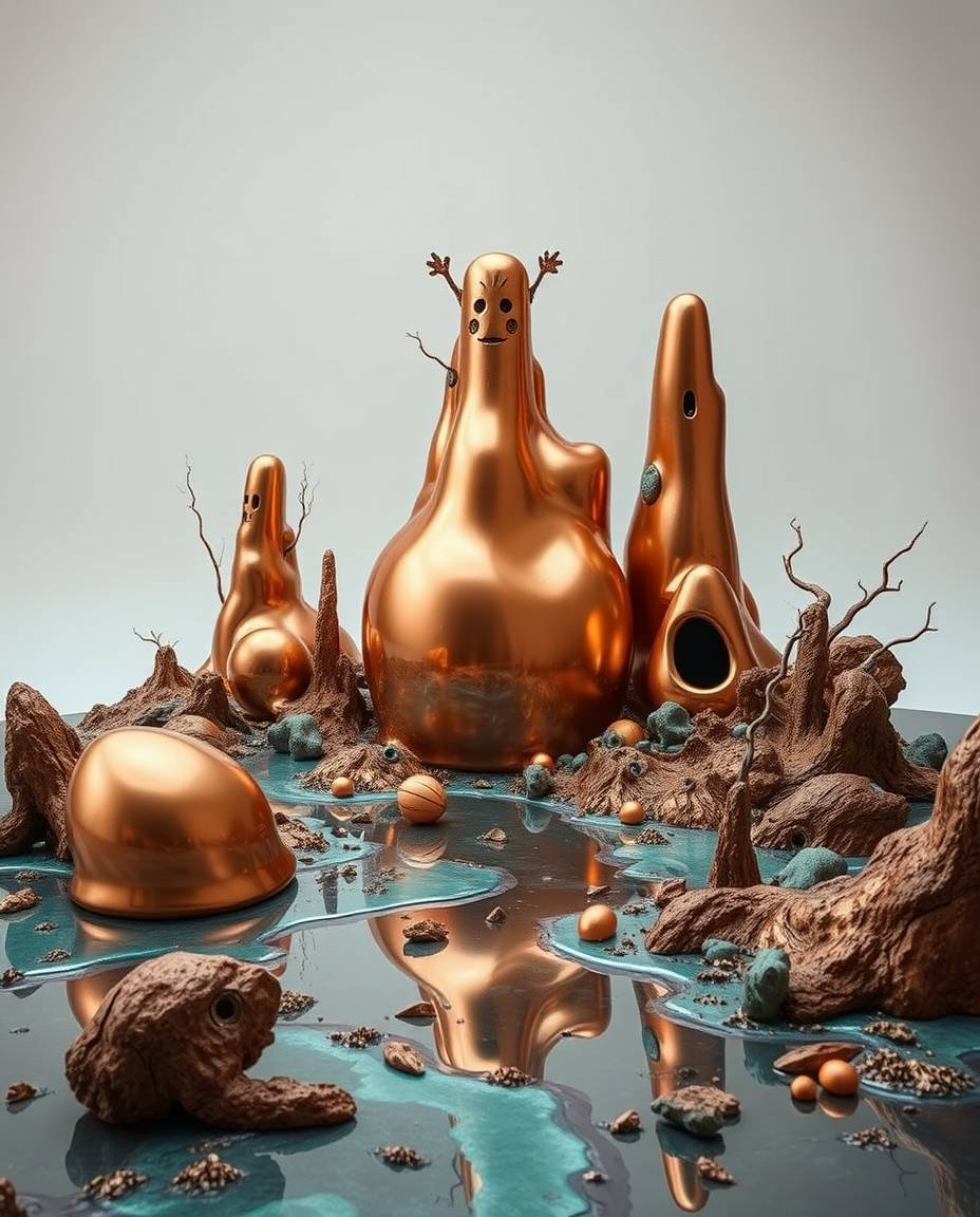Explore a surreal world of sculptural 3D mercury forms with reflective surfaces bathed in warm terracotta and cool teal hues.