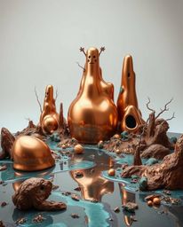 Explore a surreal world of sculptural 3D mercury forms with reflective surfaces bathed in warm terracotta and cool teal hues.