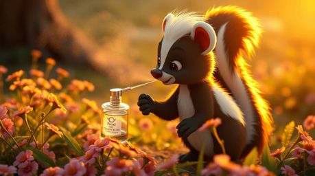 A charming high-angle view captures a cartoon skunk delicately spraying perfume onto flowers during the magical golden hour, 