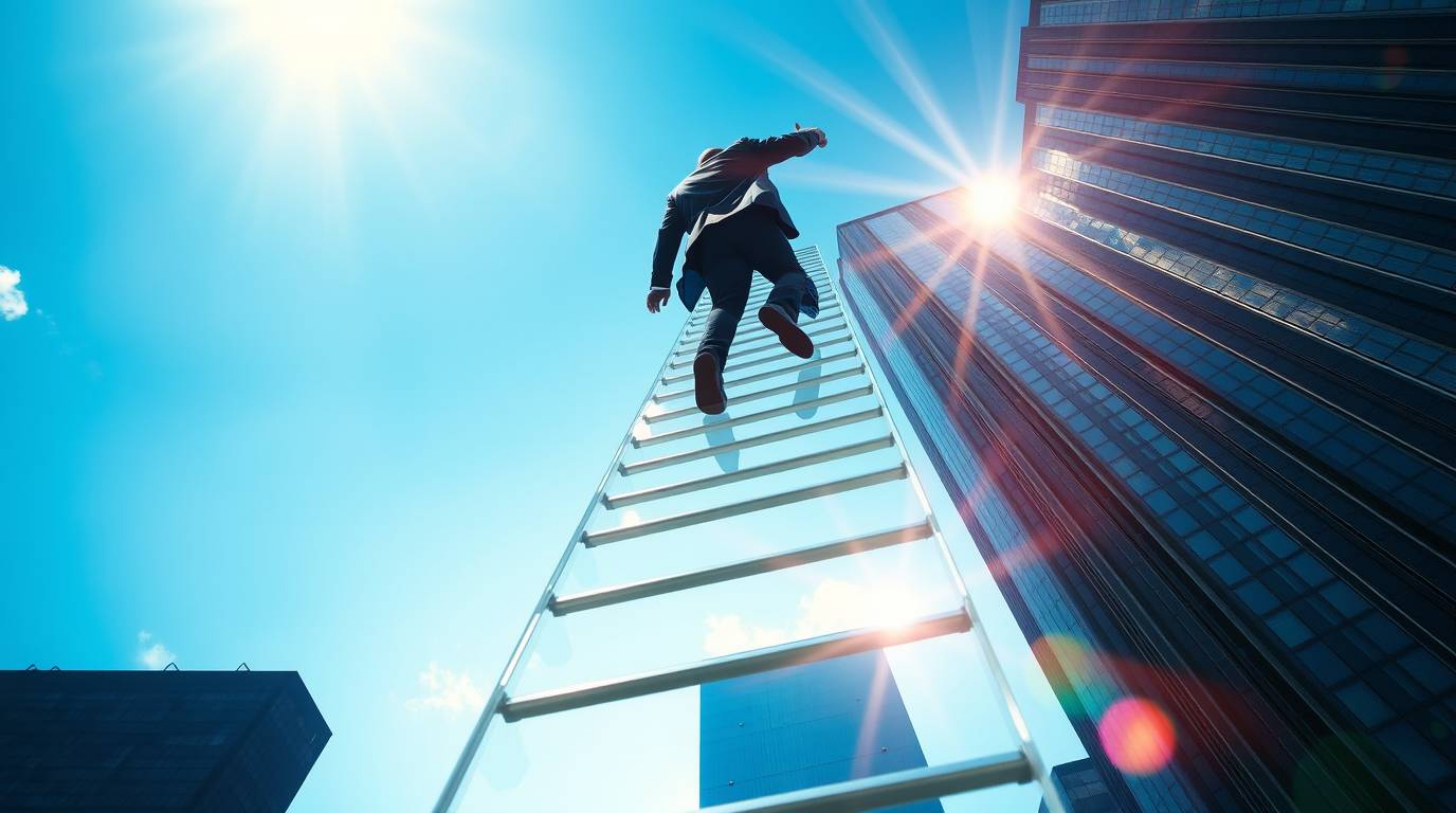 A striking image depicts a businessperson ascending a transparent ladder disappearing into a vibrant blue sky above towering