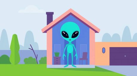 This modern flat design depicts a cool-toned alien residing in a suburban house, crafted with simple two-dimensional shapes a