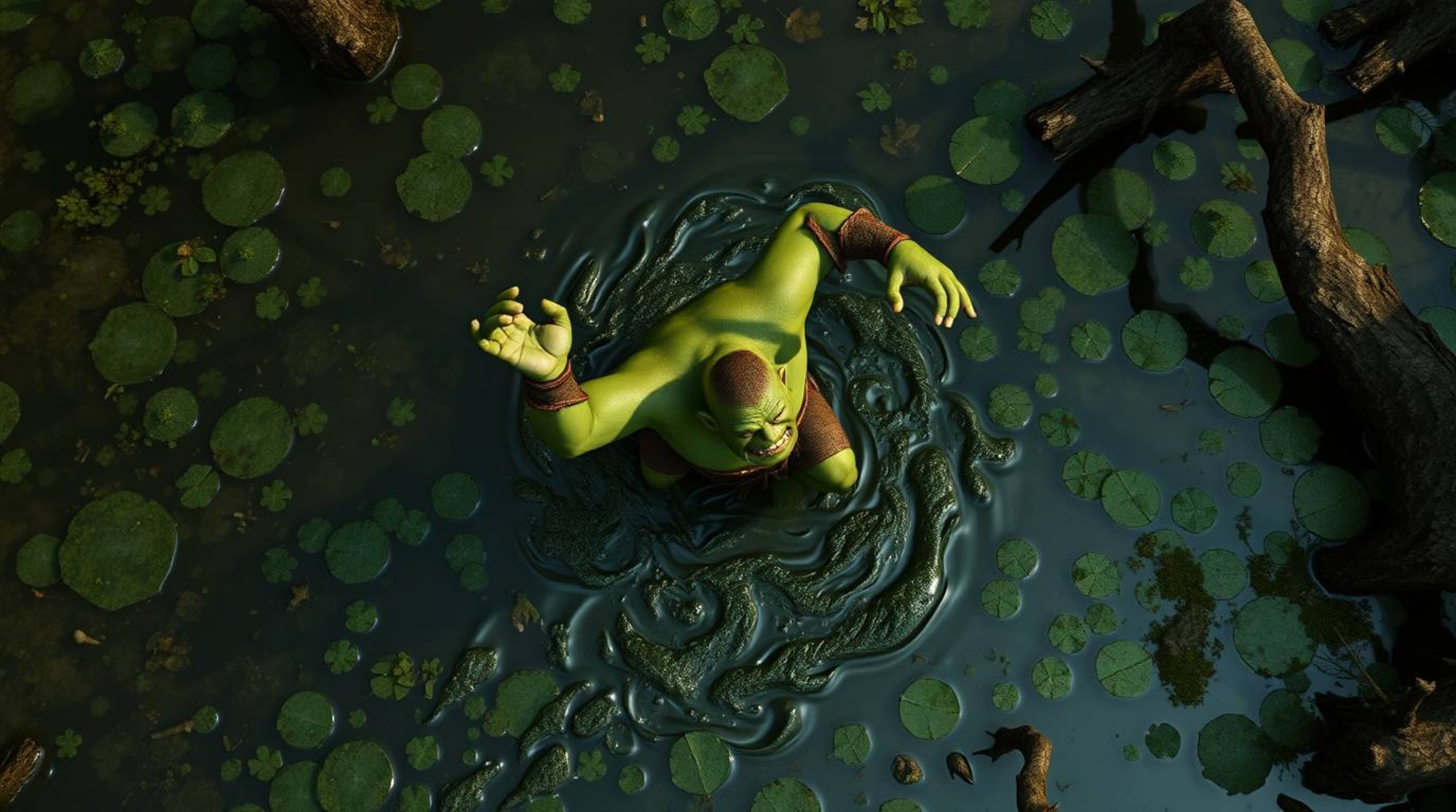 Witness an unusual spectacle: an ogre dancing in a swamp, captured from an overhead bird's-eye view. This top-down perspectiv