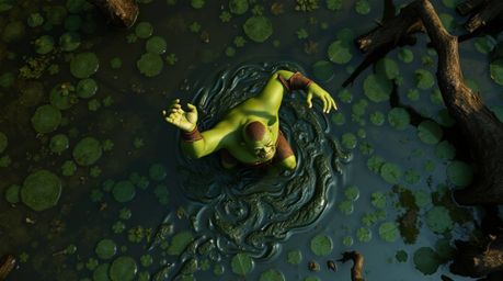 Witness an unusual spectacle: an ogre dancing in a swamp, captured from an overhead bird's-eye view. This top-down perspectiv