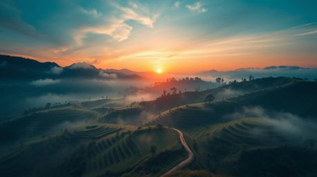 Experience a dreamlike and surreal sunset over rice terraces nestled in the mountains. This artwork evokes an ethereal and sp
