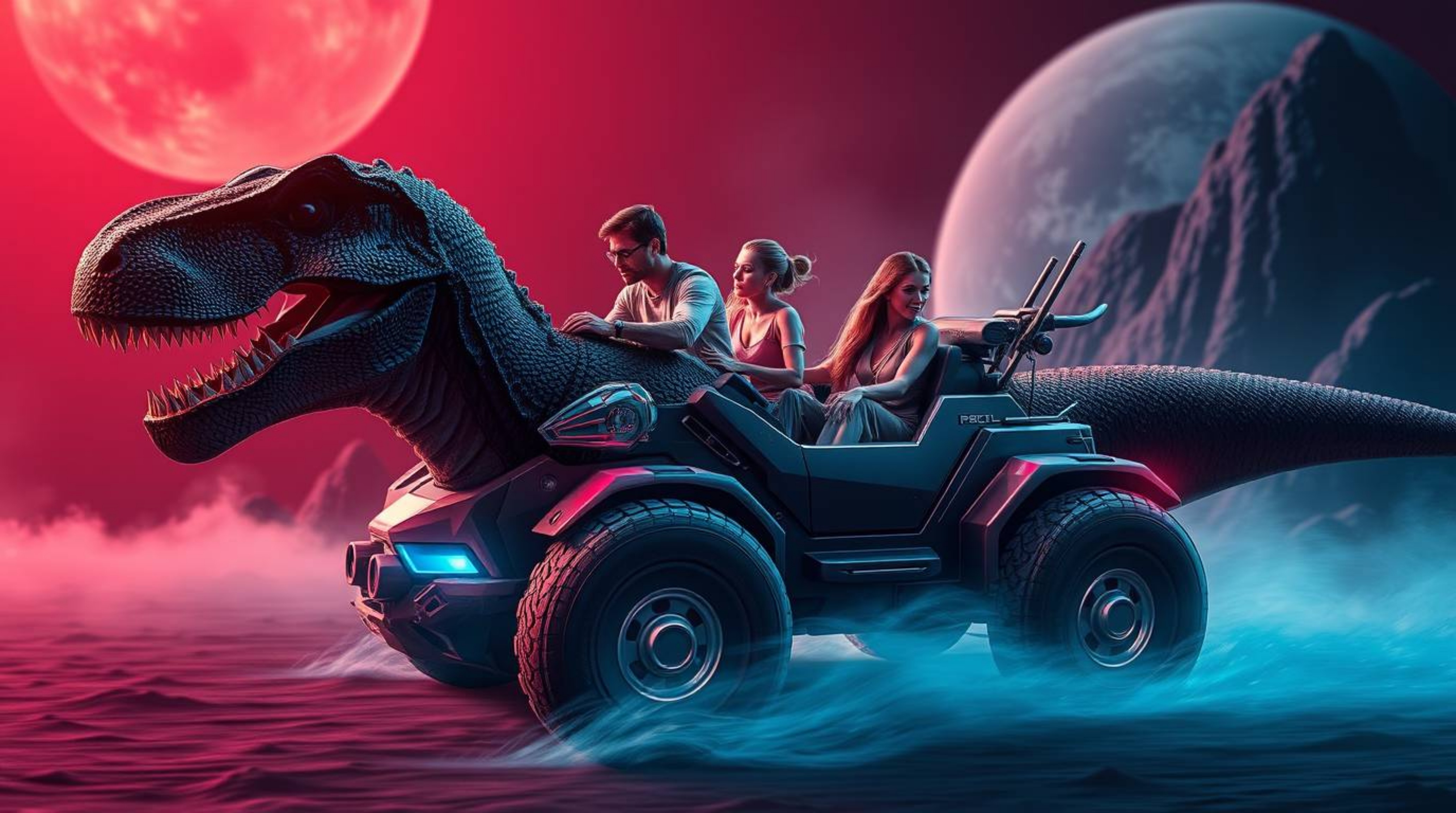 Experience a grand epic scene of a prehistoric family embarking on an adventure in their dinosaur car. Rendered in rich burgu