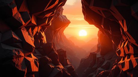 Explore a rocky canyon meticulously crafted in intricate origami style, bathed in the warm embrace of sunset hues. The interp