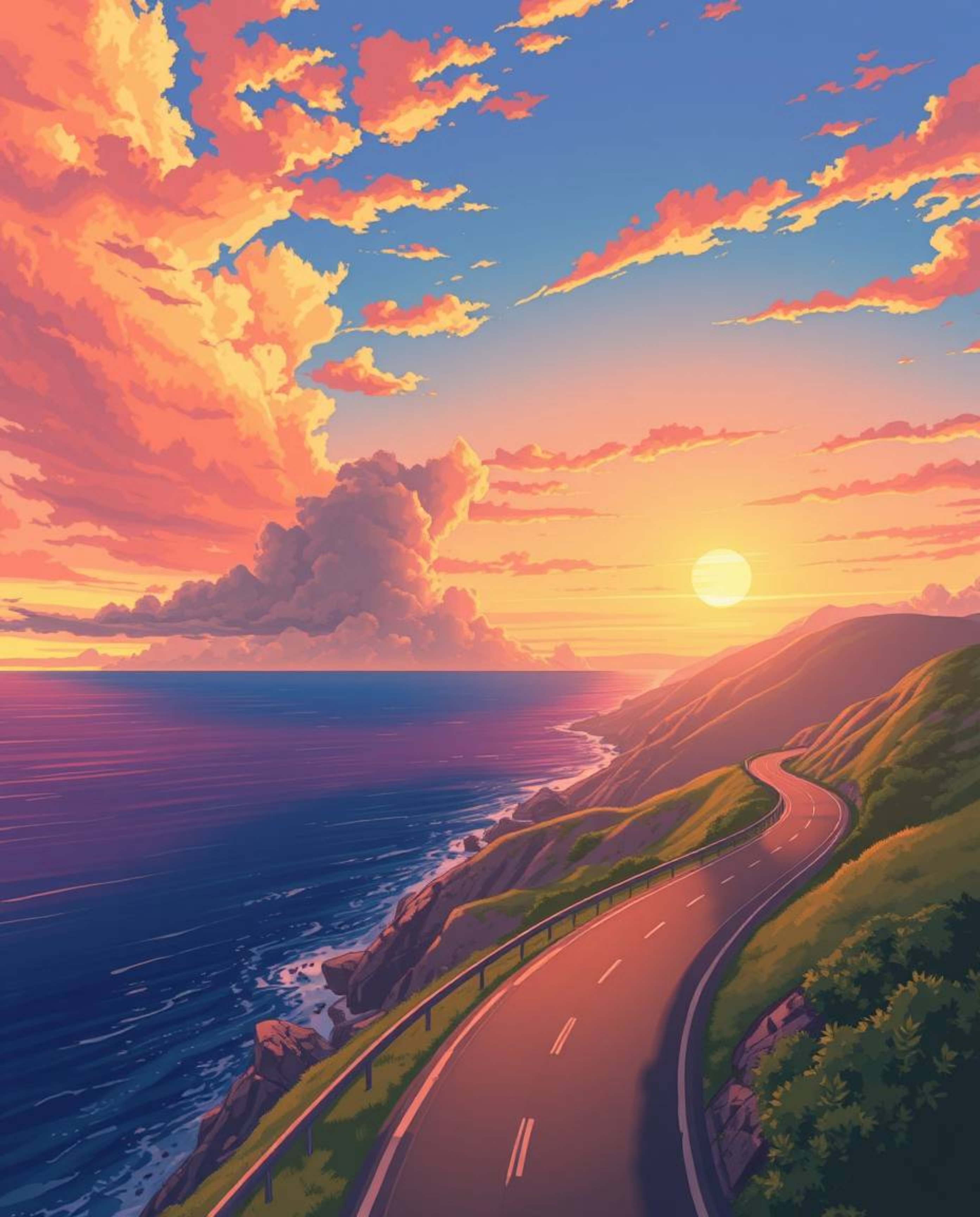 This is an Isekai anime-style depiction of a sunset sky over a winding coastal highway. The artwork is characterized by its e
