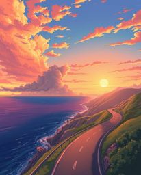 This is an Isekai anime-style depiction of a sunset sky over a winding coastal highway. The artwork is characterized by its e