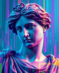 A mesmerizing digital painting showcasing a classical sculpture warped by a vibrant, colorful glitch effect.  The luxurious d