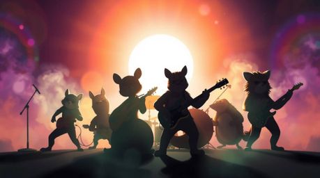 A captivating scene unfolds featuring a band of cartoon animals passionately playing rock music, silhouetted against intensel
