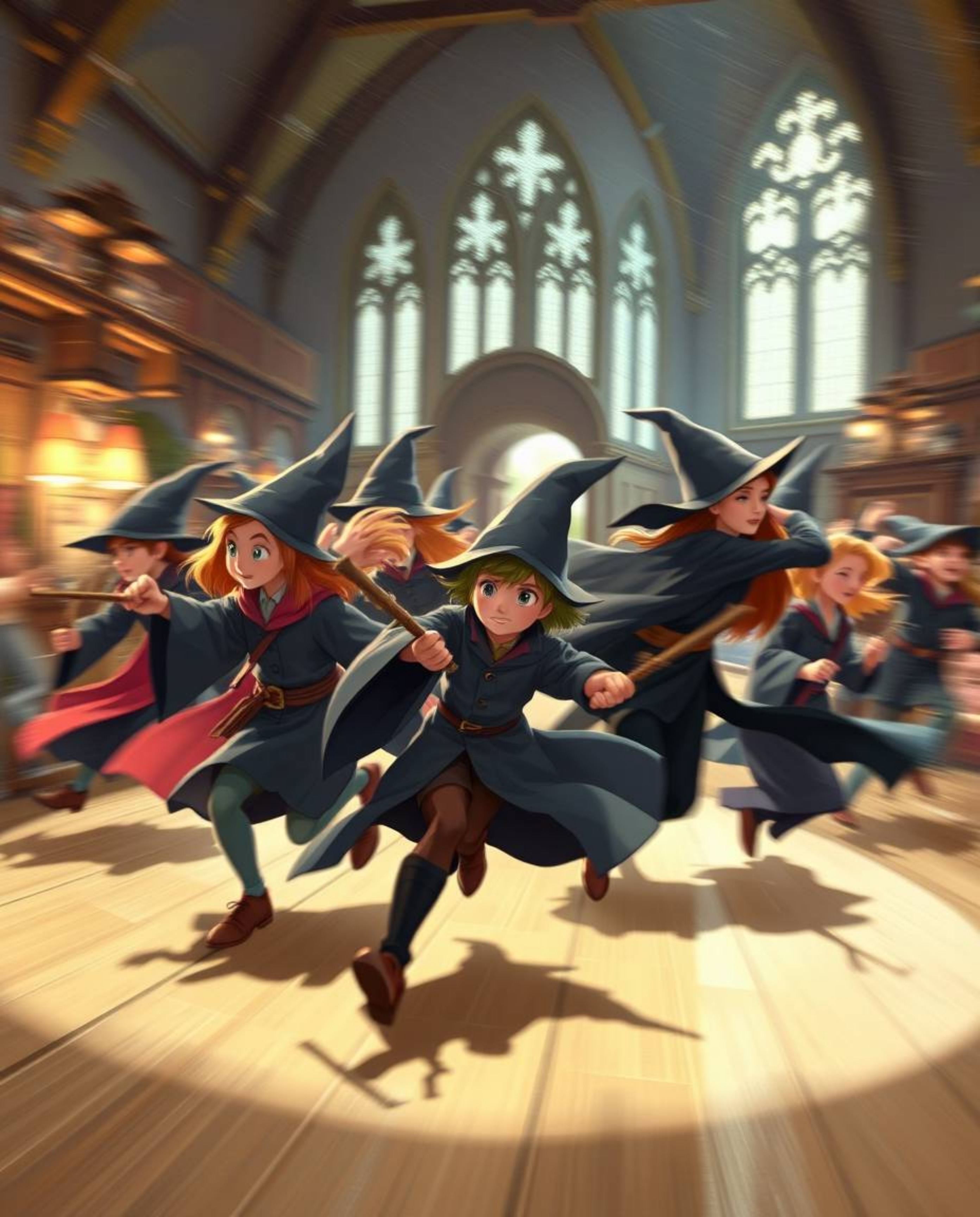 Explore a dynamic motion illustration depicting a magical school teeming with young wizards caught in blurred action poses. T