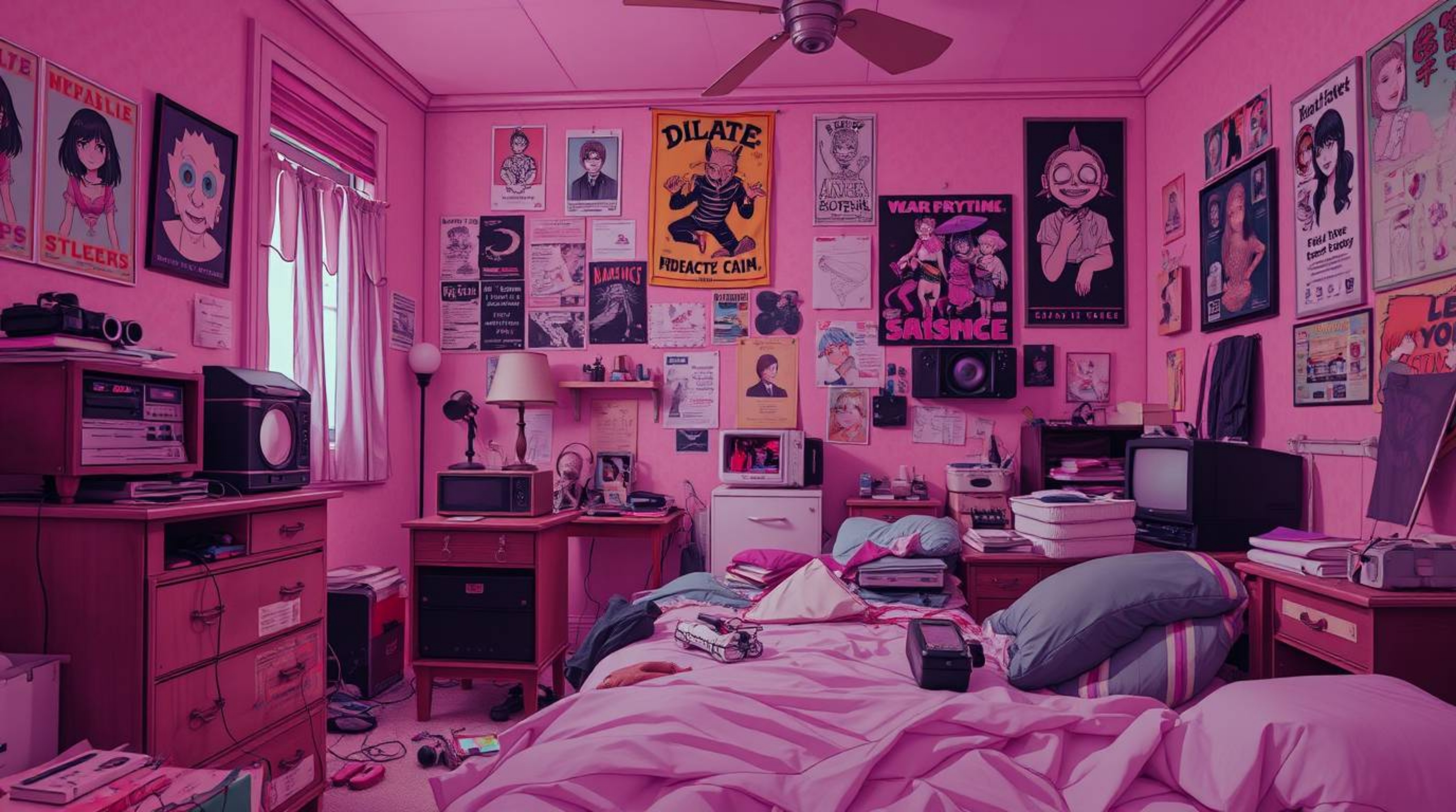 Explore a surreal Isekai anime-style depiction of a messy bedroom filled with bizarre gadgets and posters, rendered in captiv