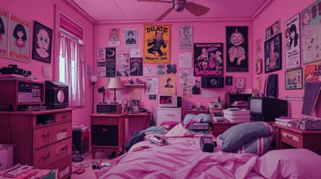 Explore a surreal Isekai anime-style depiction of a messy bedroom filled with bizarre gadgets and posters, rendered in captiv