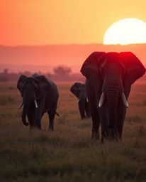 This cinematic-style photograph captures elephants walking across a field at sunset, bathed in a rich palette of warm reds, o