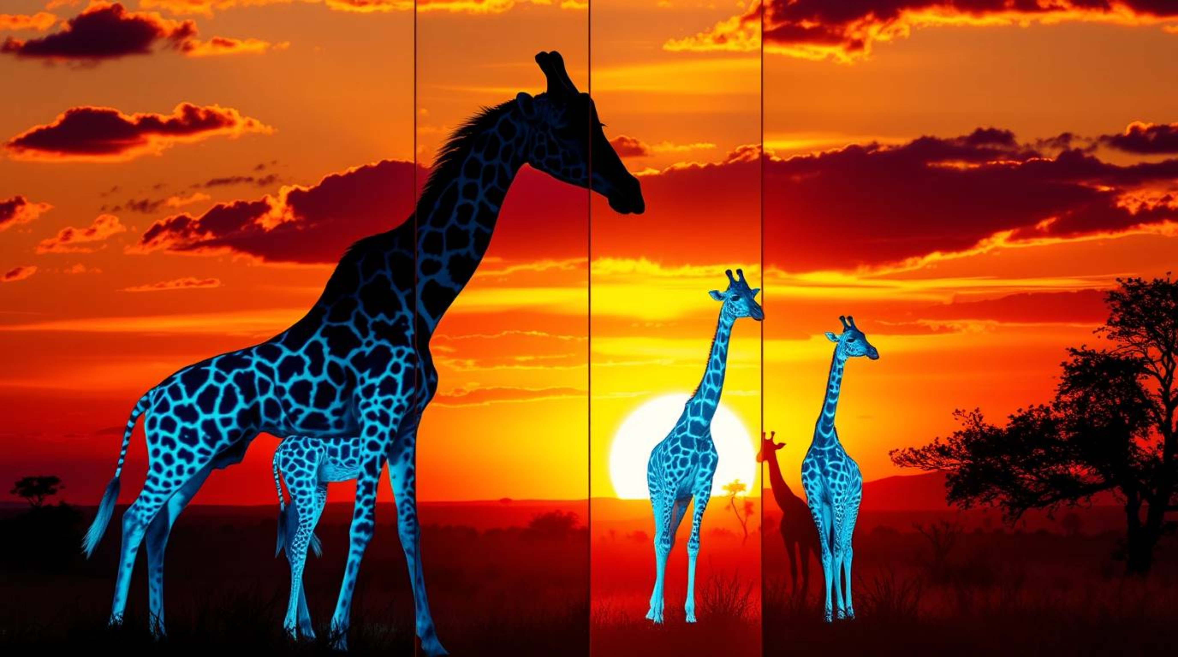 Witness a breathtaking savanna sunset scene where distinct sections glow with bioluminescent colors. Silhouetted giraffes sta