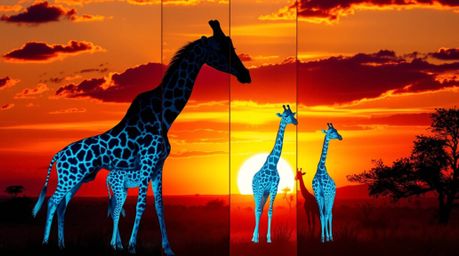 Witness a breathtaking savanna sunset scene where distinct sections glow with bioluminescent colors. Silhouetted giraffes sta
