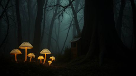 Discover a captivating image of a vintage-style enchanted forest bathed in soft, diffused light. Glowing mushrooms illuminate