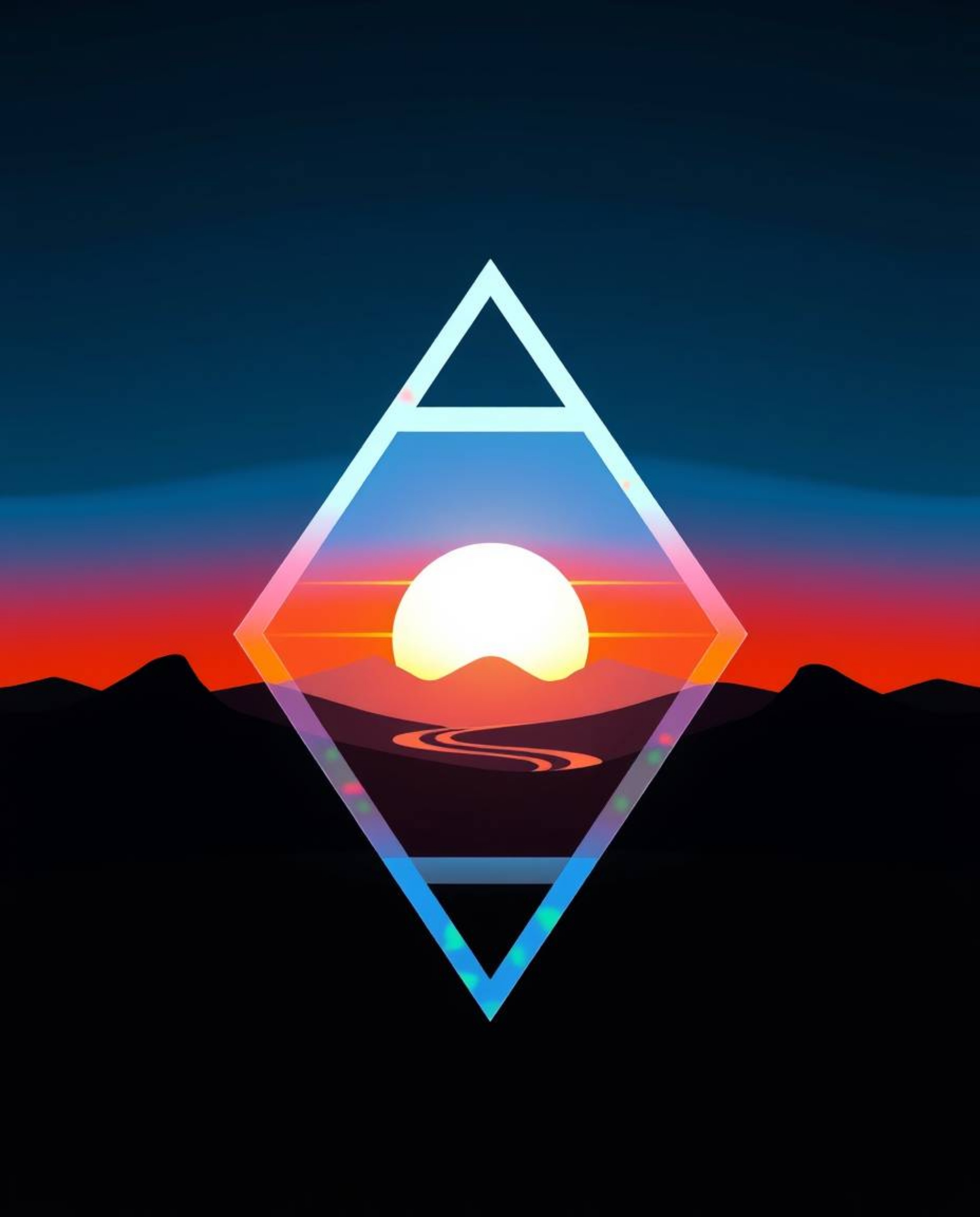 A captivating logo design featuring a sunrise over a war-torn landscape, incorporating geometric shapes, clean lines, and iri