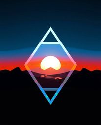 A captivating logo design featuring a sunrise over a war-torn landscape, incorporating geometric shapes, clean lines, and iri