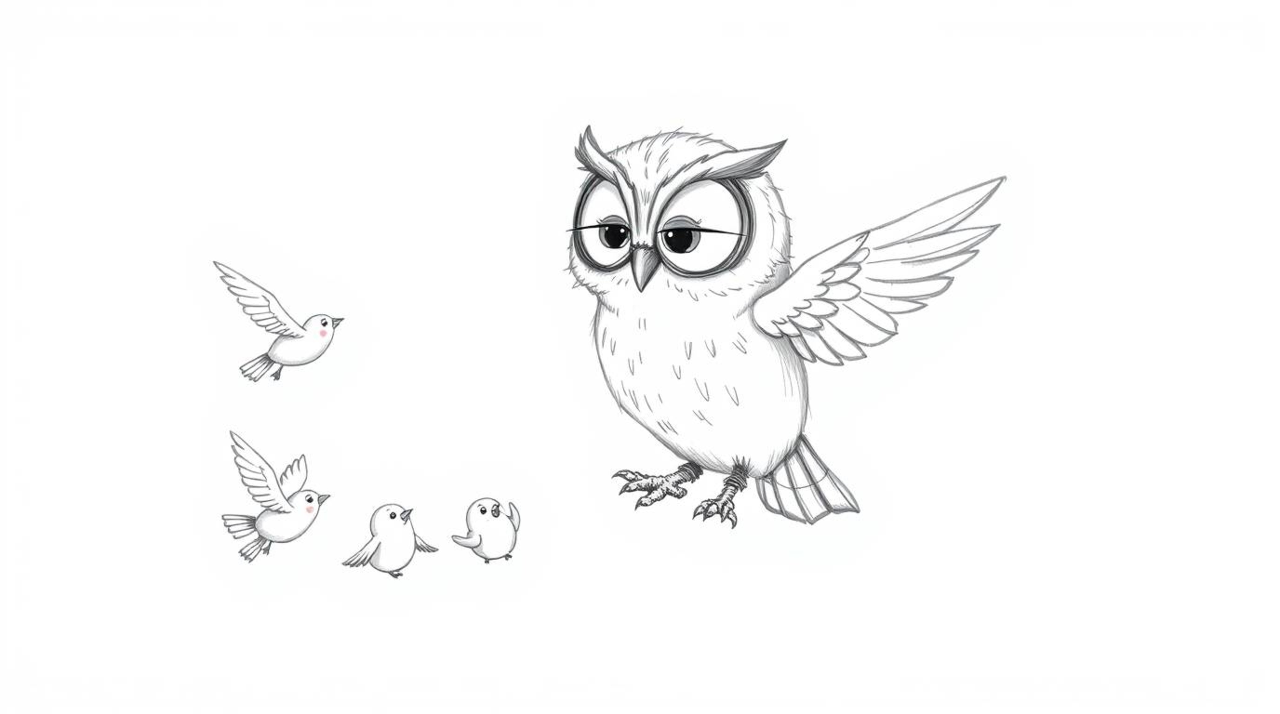 A hand-drawn sketch in Pixar style depicts a blind owl with large, expressive eyes, gently guiding several small birds in fli