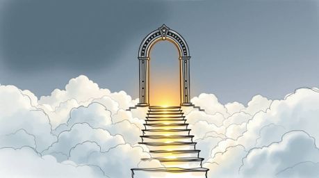 A graceful and elegant hand-drawn sketch in a colorful sketchnote style depicts a heavenly gate floating above the clouds, wi