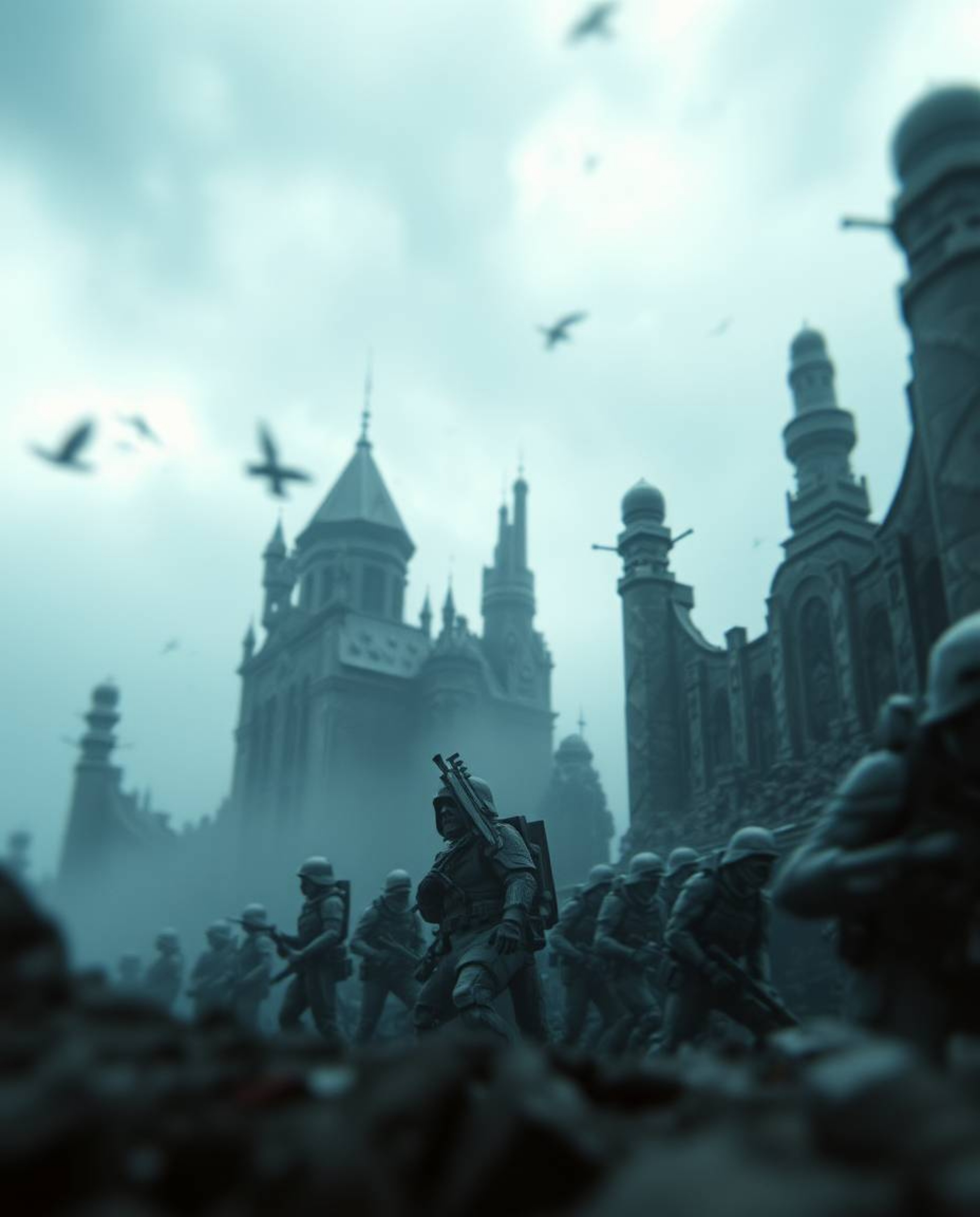 Experience a battlefield where time is warped, featuring soldiers and crumbling buildings under stormy skies, rendered with a