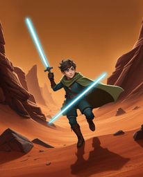 Embark on a thrilling desert adventure with a brave hero, rendered in a striking, moody futuristic sci-fi style. This unique 