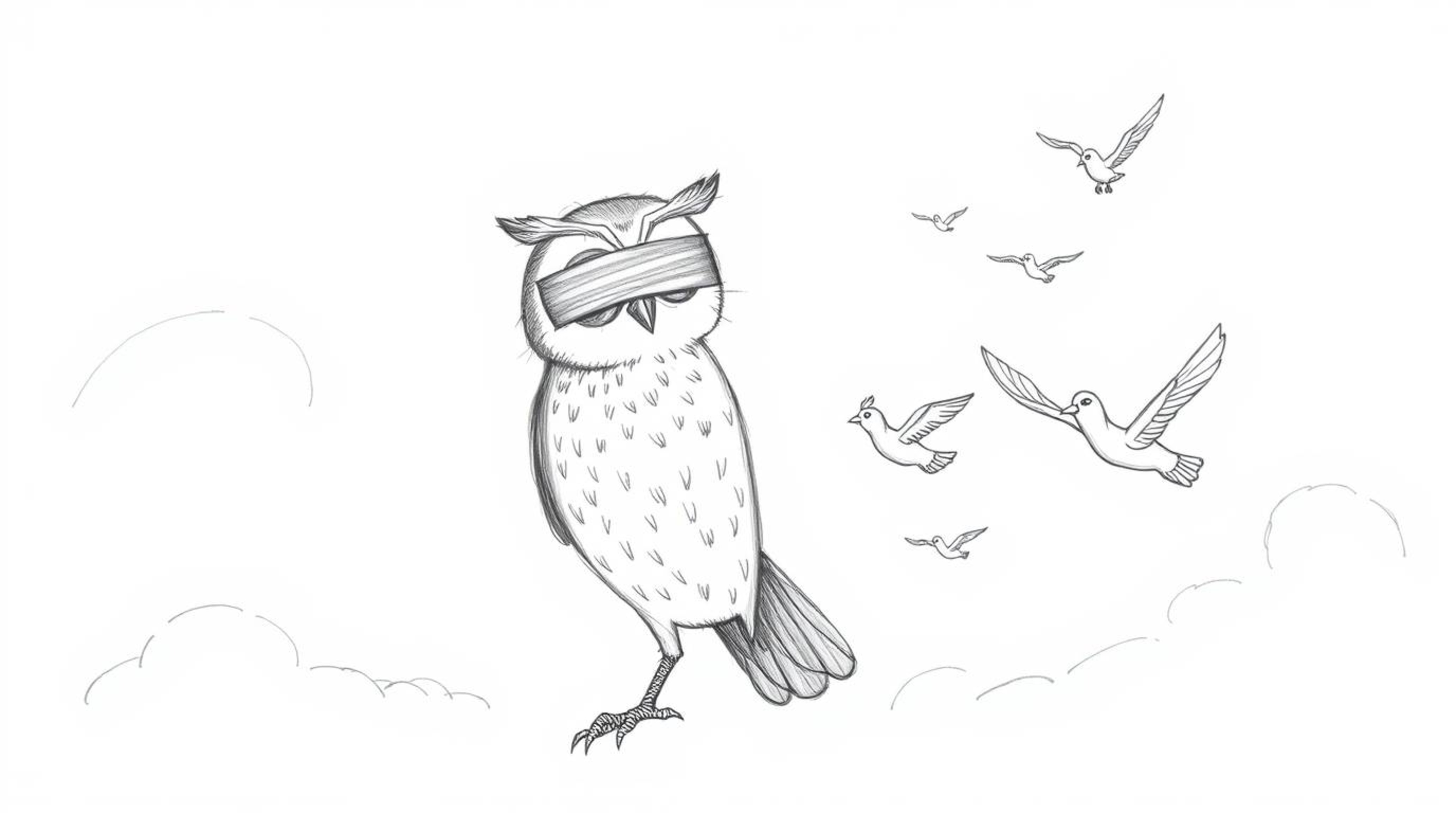 This hand-drawn sketch, created in a charming Pixar style, features a blind owl with a calm and patient expression. Rendered 