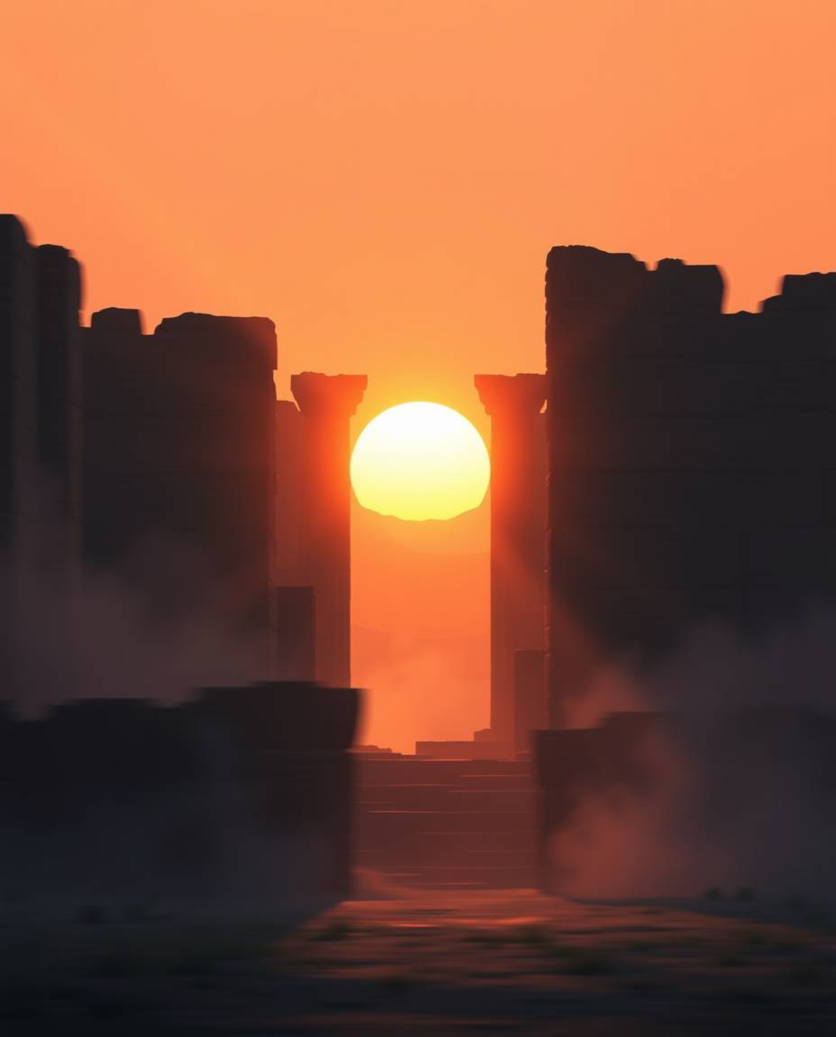 A modern flat design illustration captures a dynamic scene of a sunset casting shadows through ancient stone ruins. The artwo