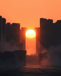 A modern flat design illustration captures a dynamic scene of a sunset casting shadows through ancient stone ruins. The artwo