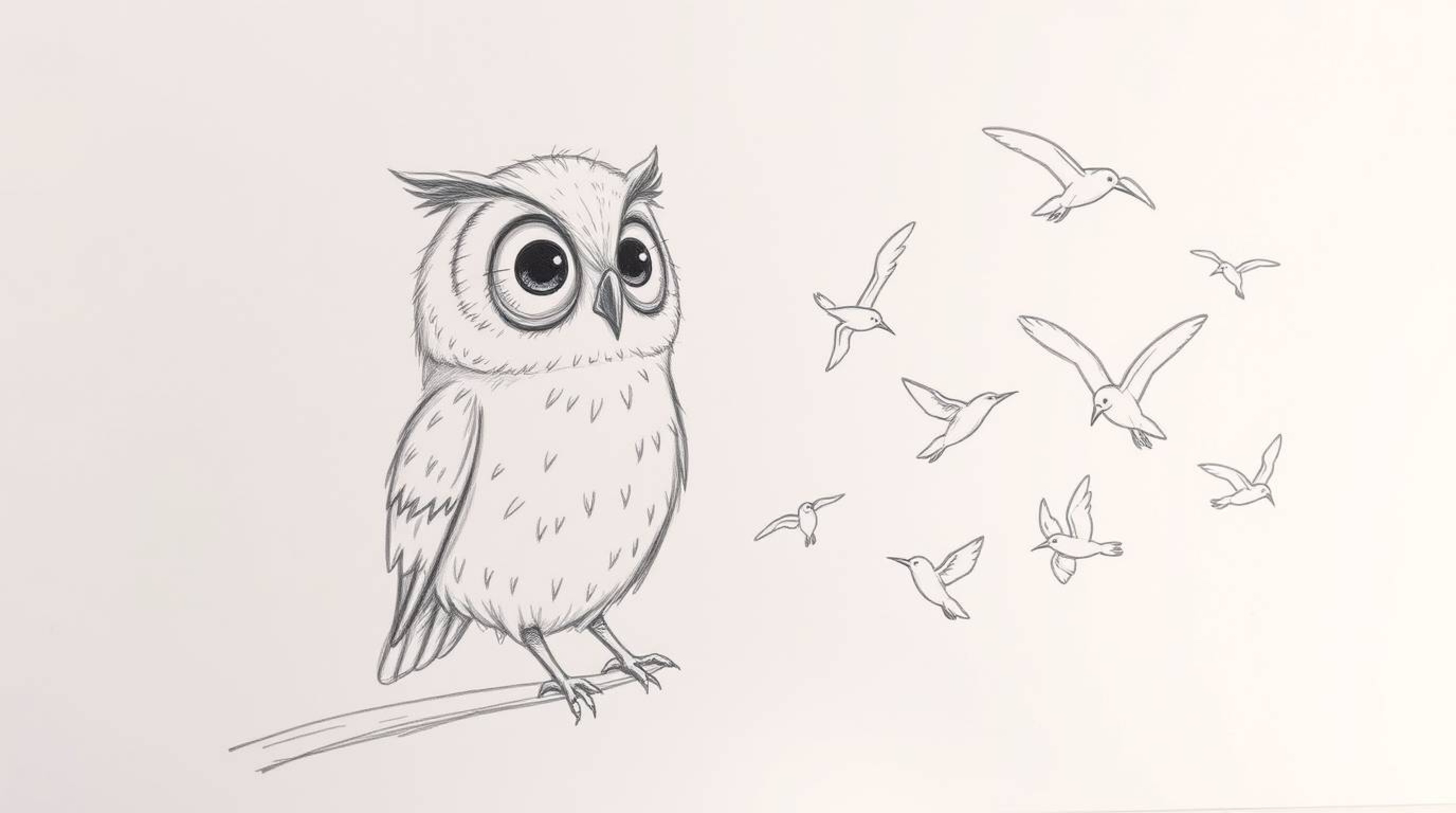 A heartwarming hand-drawn sketch in the style of Pixar portrays a blind owl with soft, feathery textures, uniquely teaching a