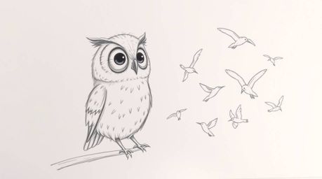 A heartwarming hand-drawn sketch in the style of Pixar portrays a blind owl with soft, feathery textures, uniquely teaching a
