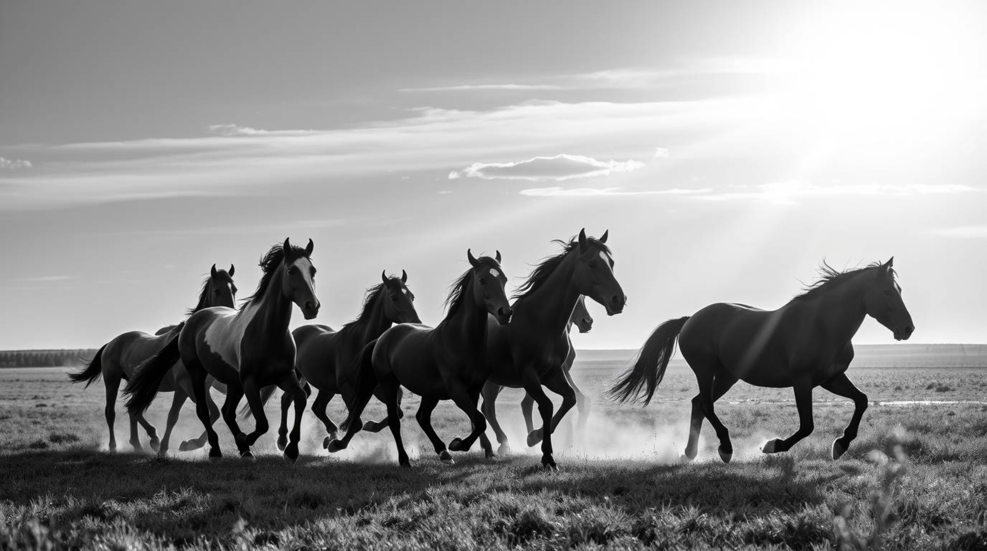 A timeless and elegant black and white photograph captures a herd of wild horses running freely under a breathtaking glowing 
