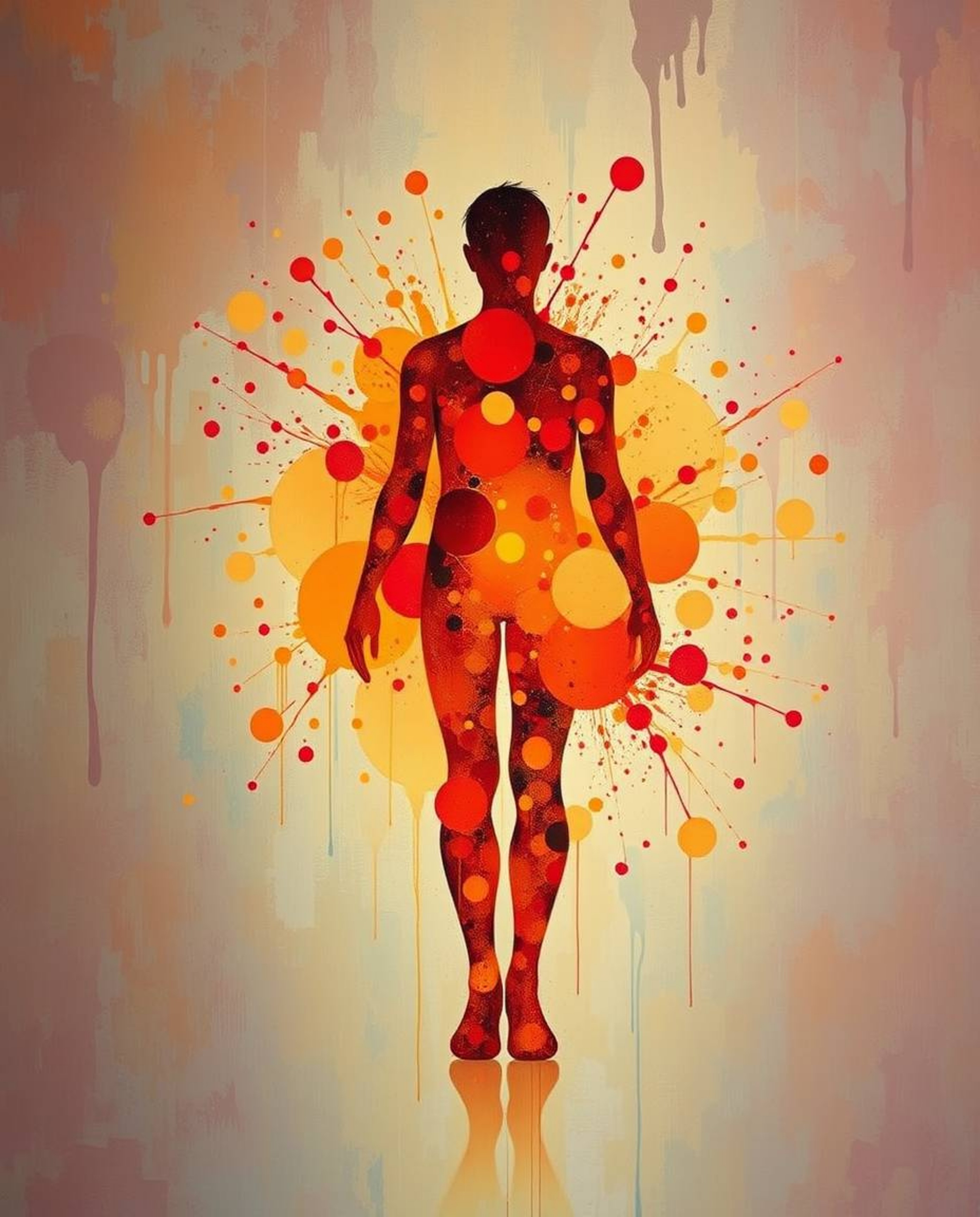 Immerse yourself in a dreamlike, mystic painting featuring a human silhouette ingeniously crafted from vibrant, colorful spla