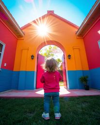 A child stumbles upon a vibrant and magical portal in their own backyard, captured through the lens of precise architectural 