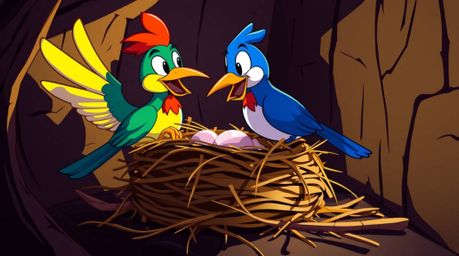 Witness two charming cartoon birds diligently constructing their nest in a captivating classic animation style. The scene is