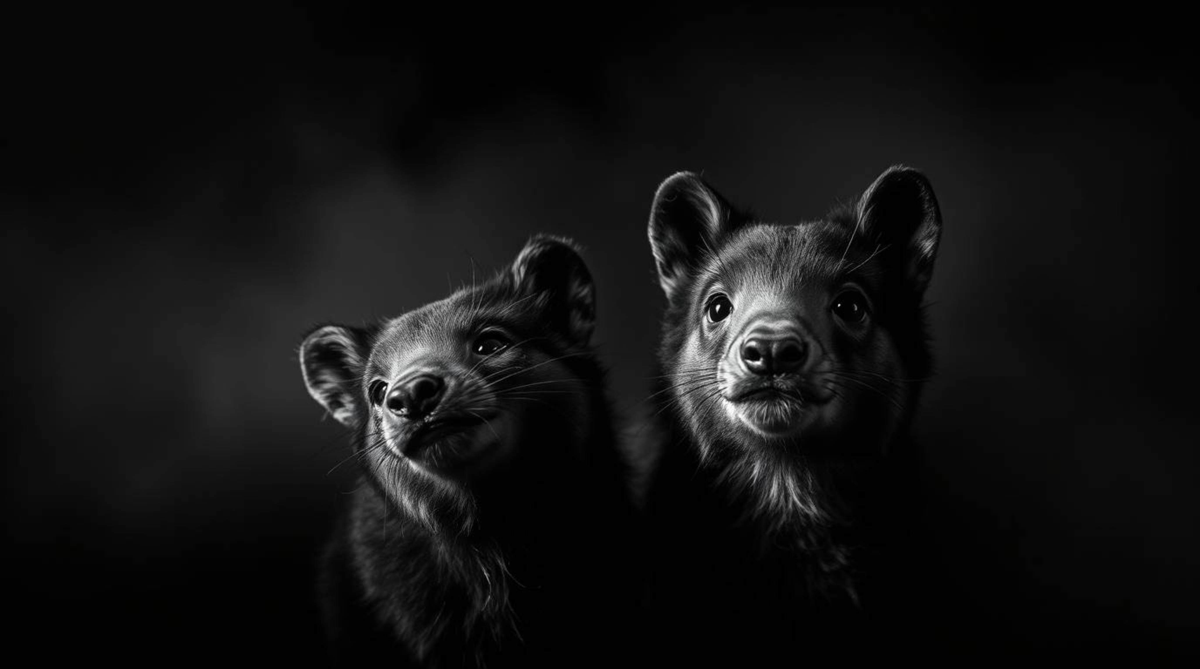 A captivating monochrome photograph depicts two expressive talking animals engaging in mischievous antics.  The image feature