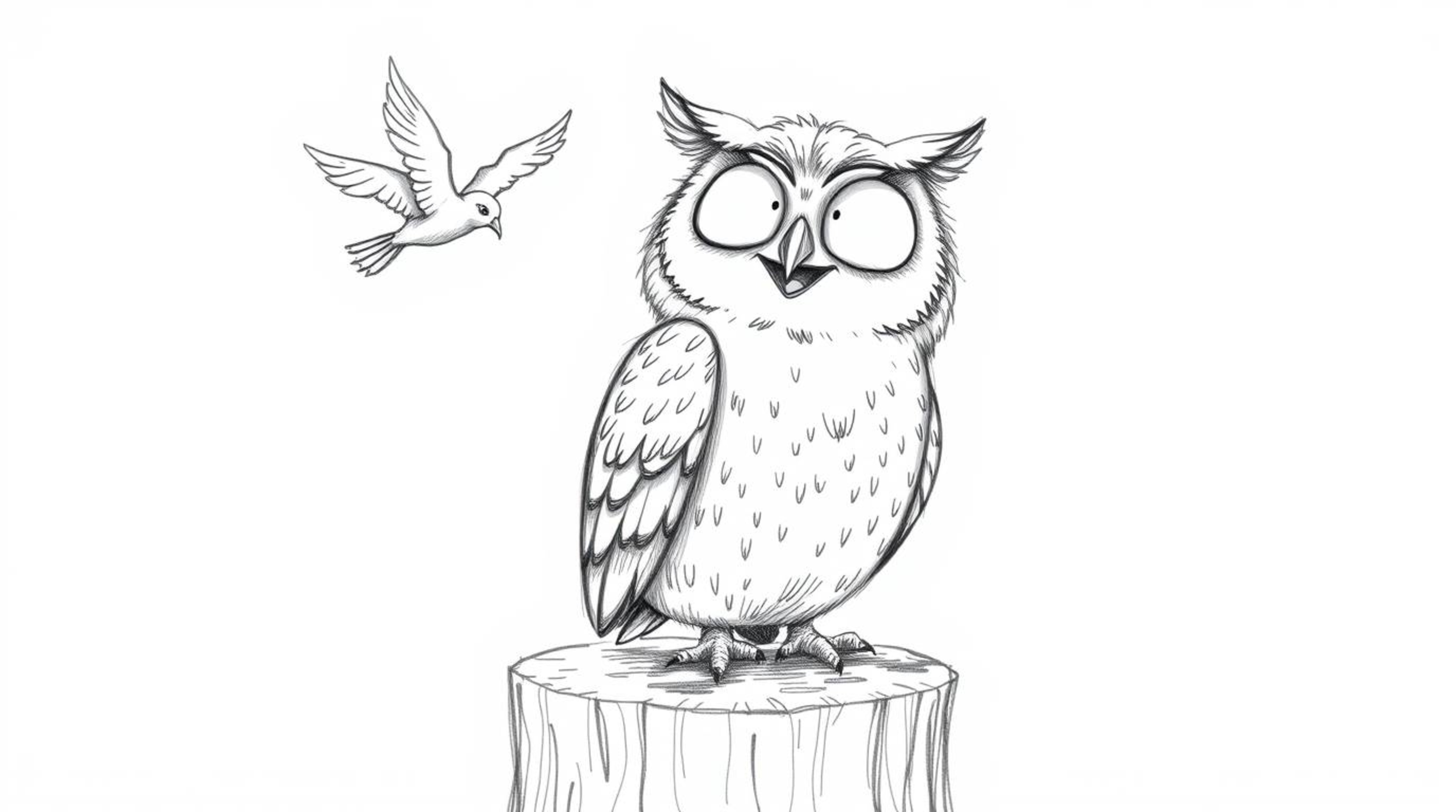 A heartwarmingly rendered scene depicts a blind owl, brought to life in a textured, hand-drawn pencil sketch reminiscent of P