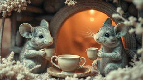 Discover a whimsical world in this extreme macro photograph.  Anthropomorphic mice enjoy a tea party within a cozy cottage, r