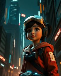 Discover a captivating digital artwork depicting a young, inventive girl navigating a futuristic metropolis.  Rendered in a d