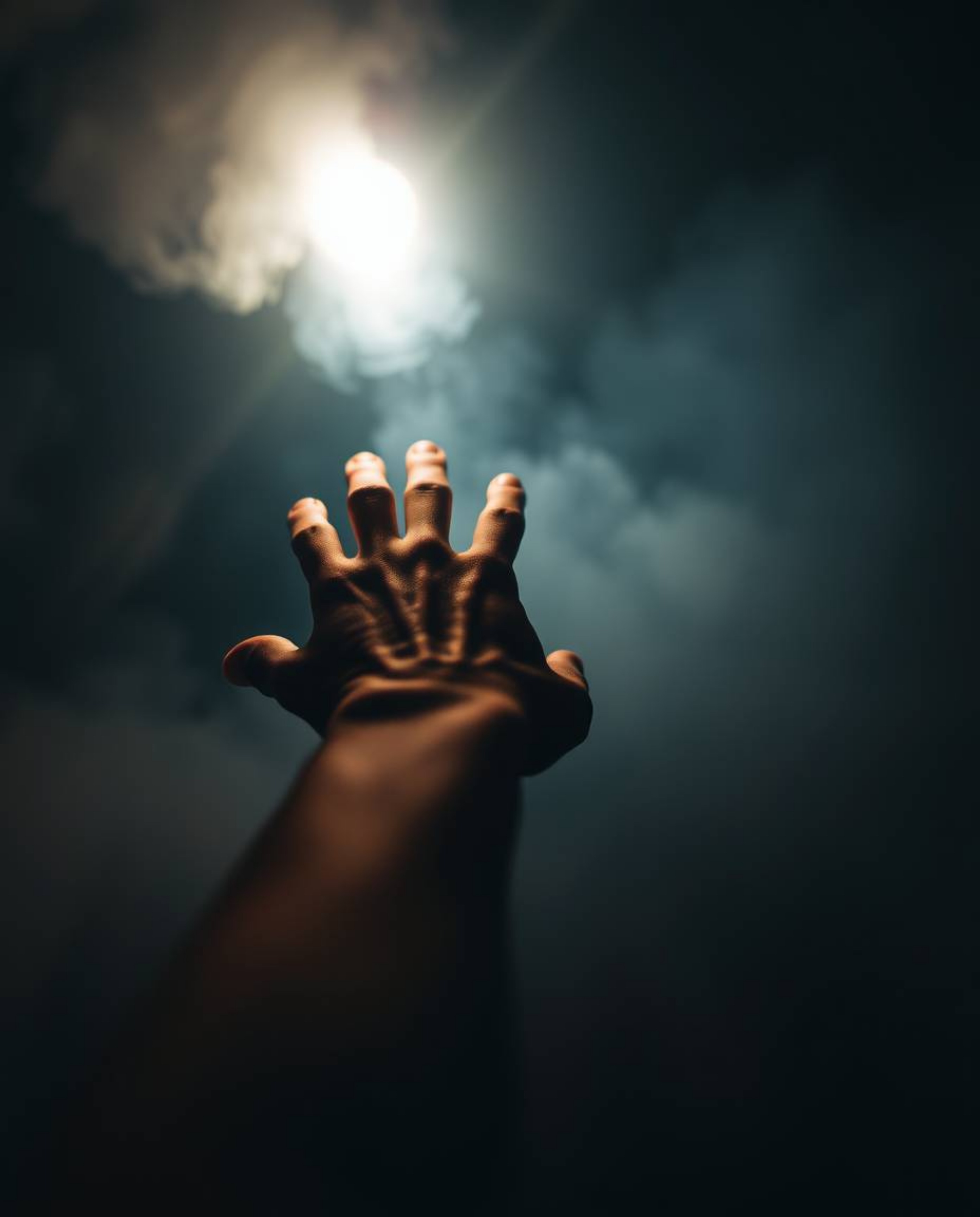 A captivating image depicts a hand extending towards a soft, ethereal light emerging from darkness.  The cinematic haze and s