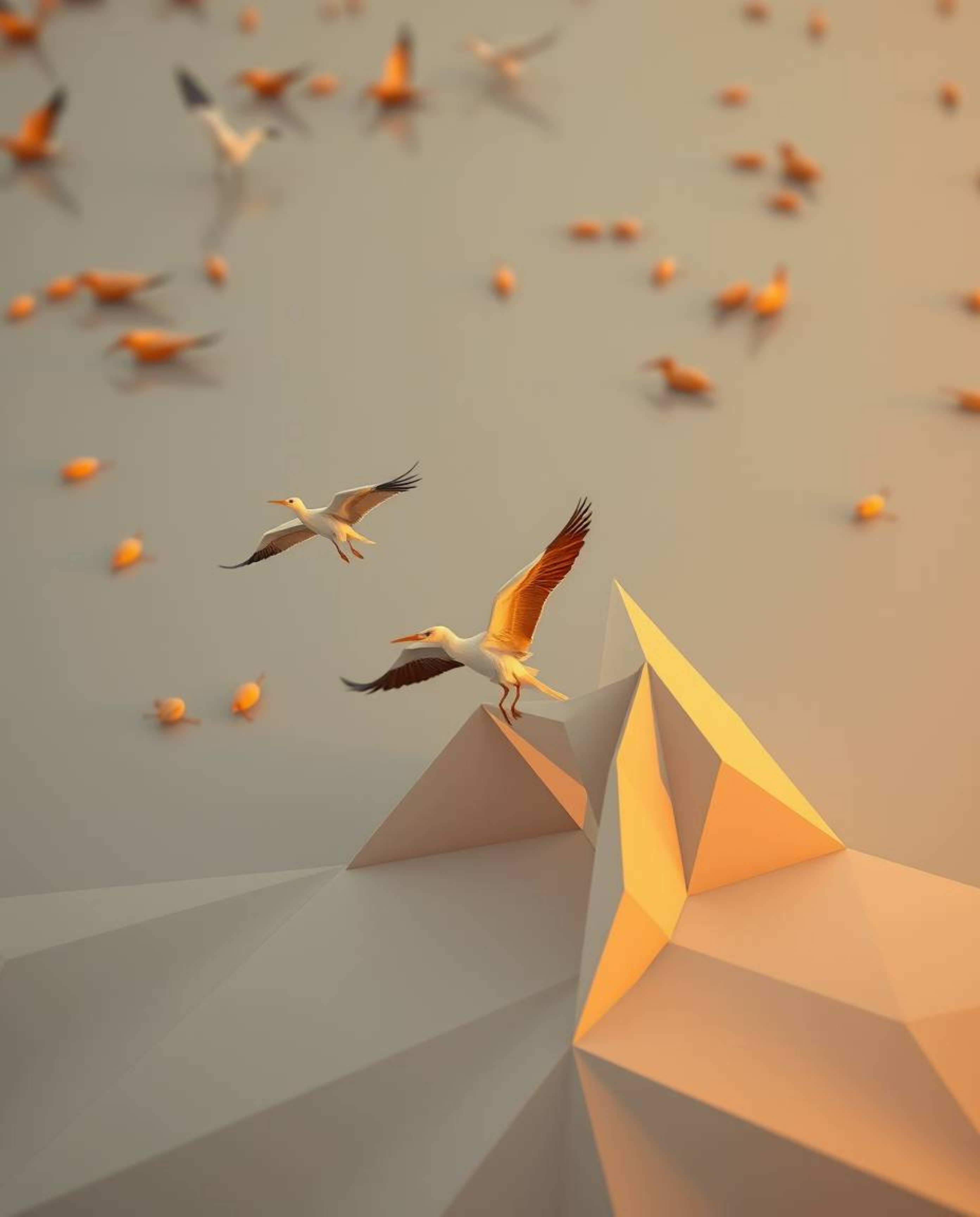An intricate, origami-style image of a Golden hour wetland, captured from a high-angle perspective. This unique artwork featu