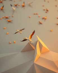An intricate, origami-style image of a Golden hour wetland, captured from a high-angle perspective. This unique artwork featu