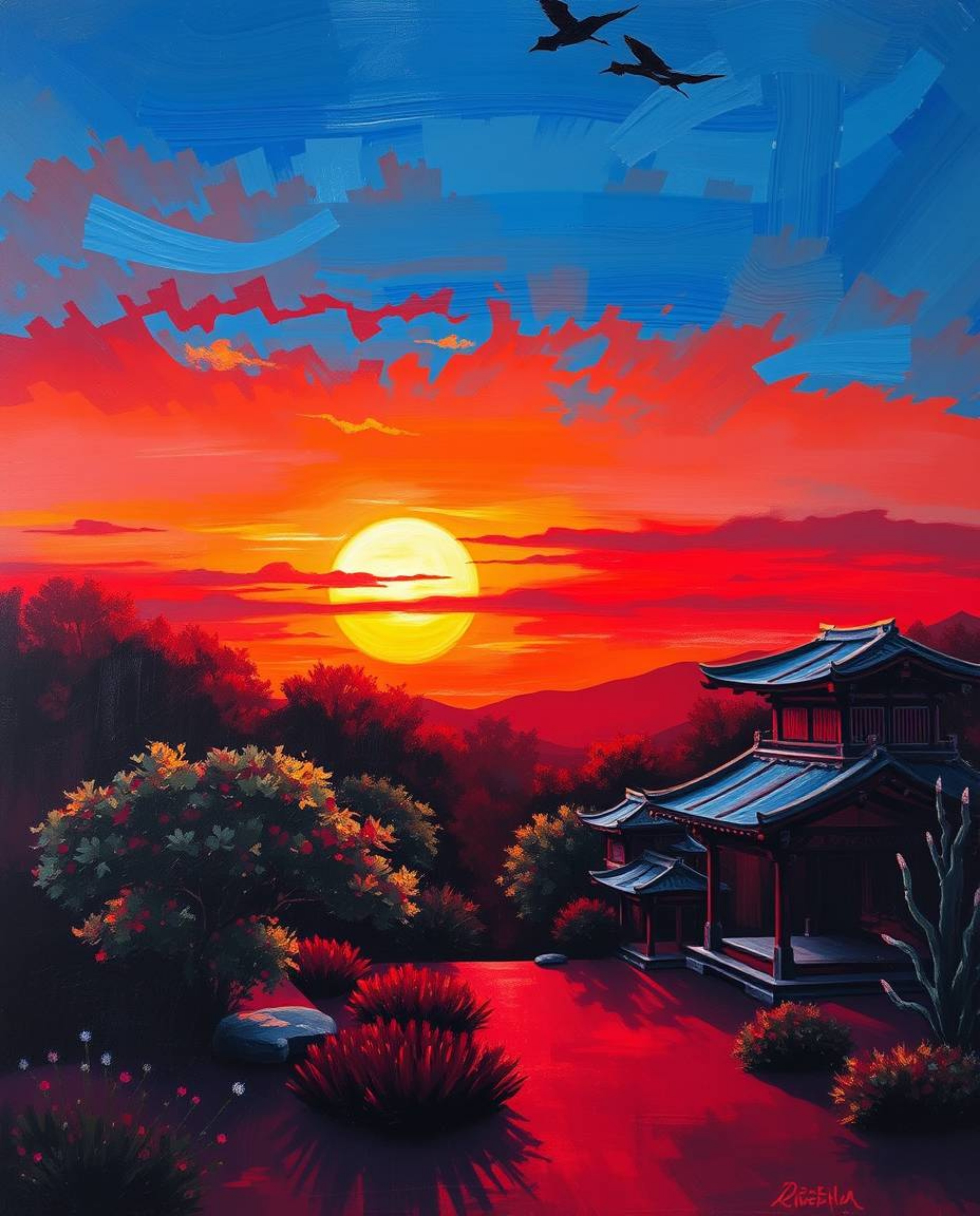 Experience a serene Zen garden at sunset through the medium of a classic oil painting. Rendered in a sophisticated style, thi